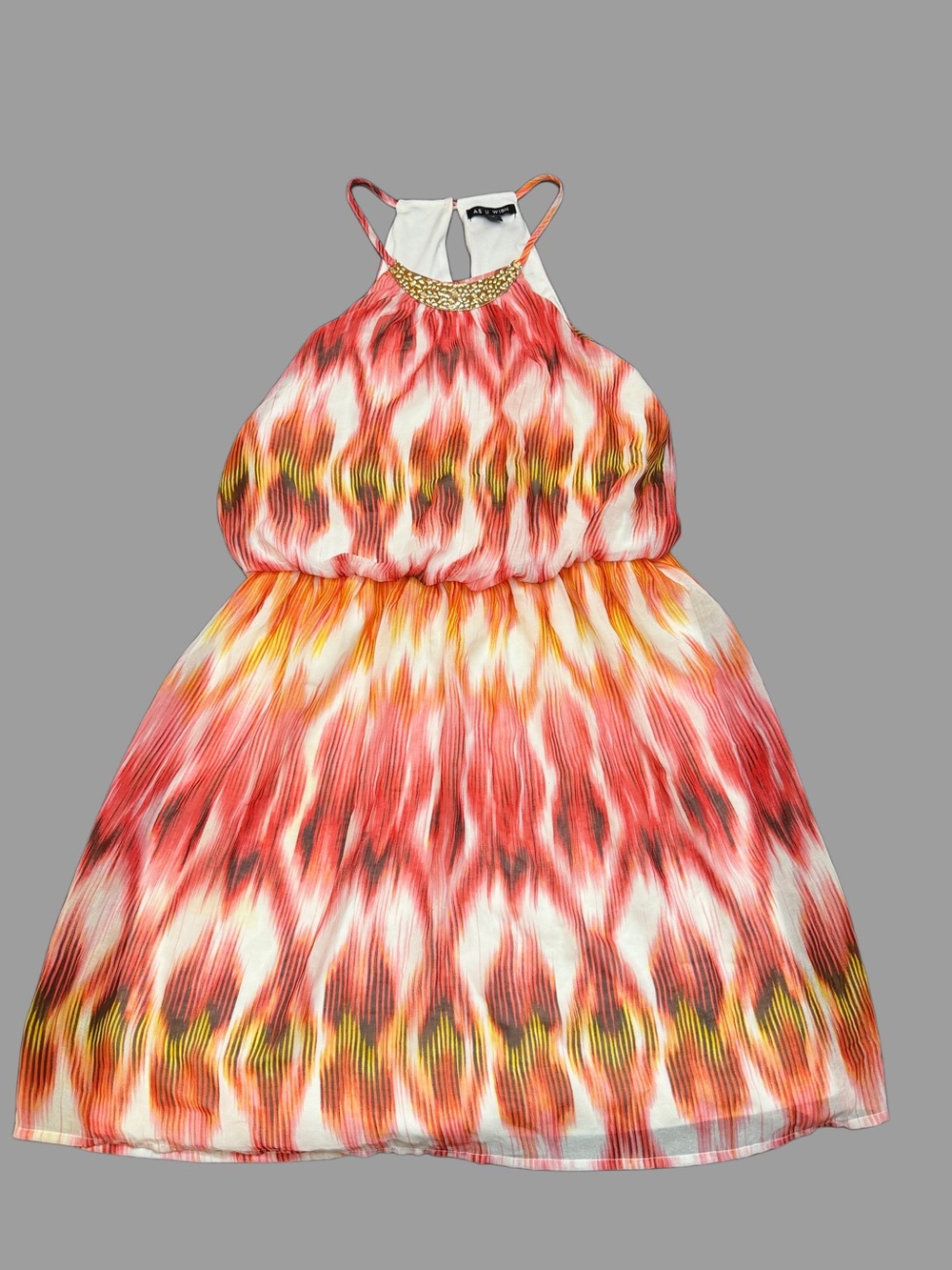 As U Wish Coral, White & Yellow Patterned Halter Dress